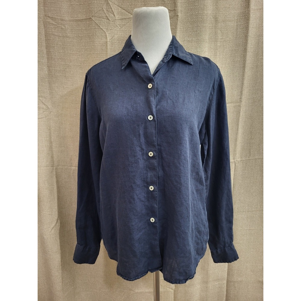 Liz Claiborne Lizsport Navy Blue 100% Linen Button Down Shirt Womens Medium